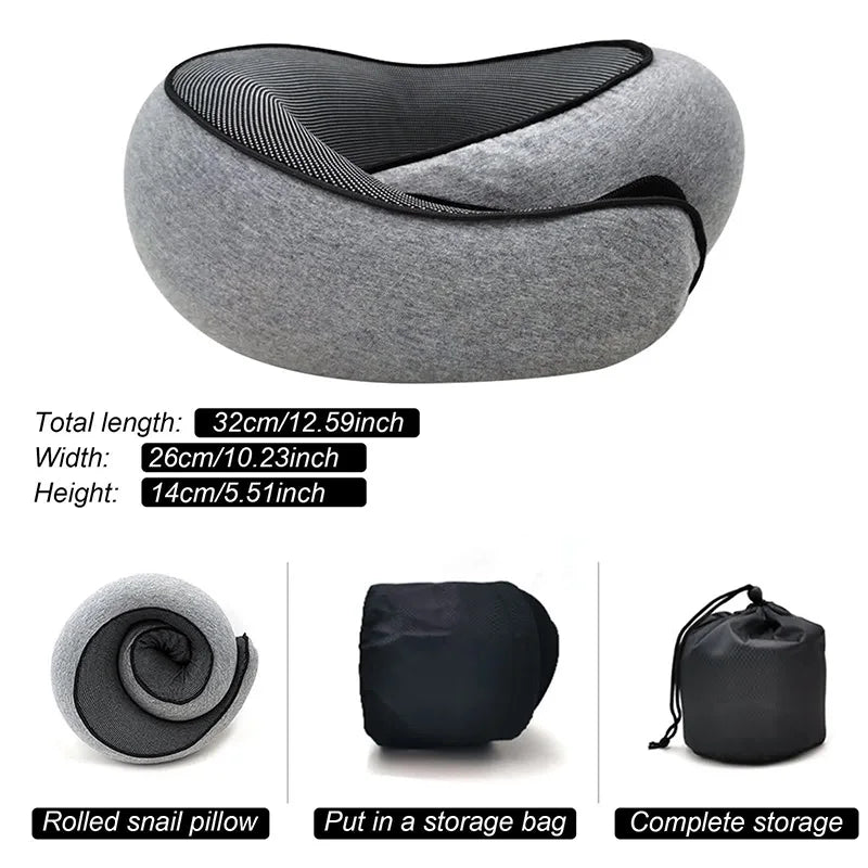 Gray memory foam travel neck pillow shown in various states including rolled, packaged, and stored.