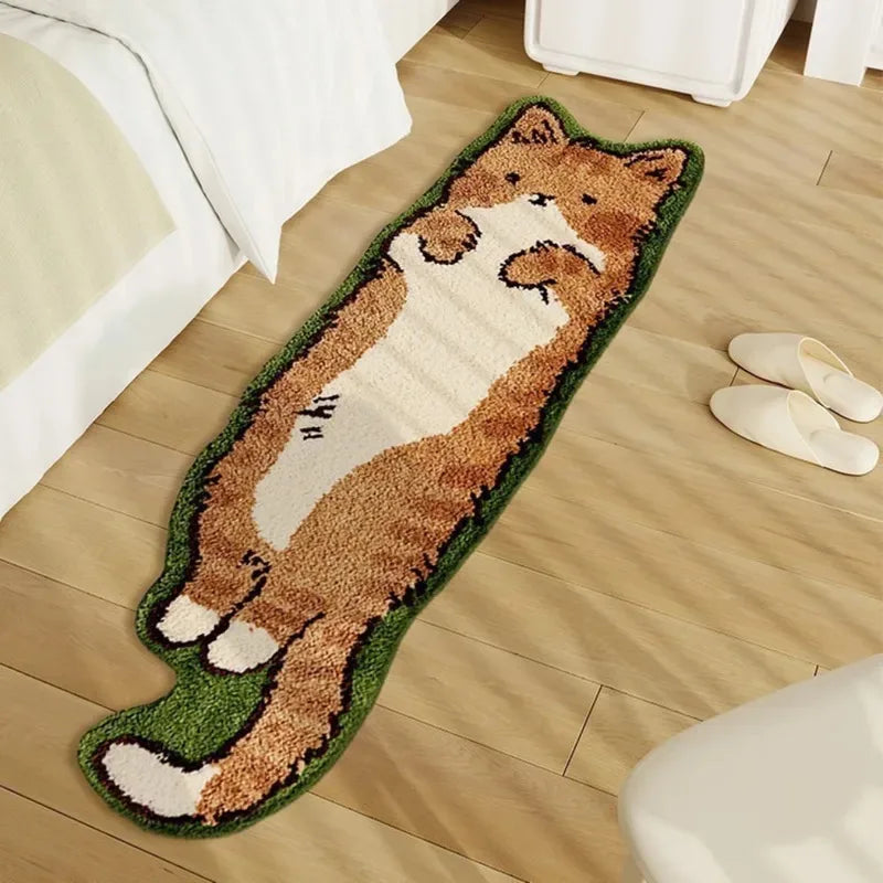 A long, brown and white cartoon cat plush rug lying on a light wooden floor.