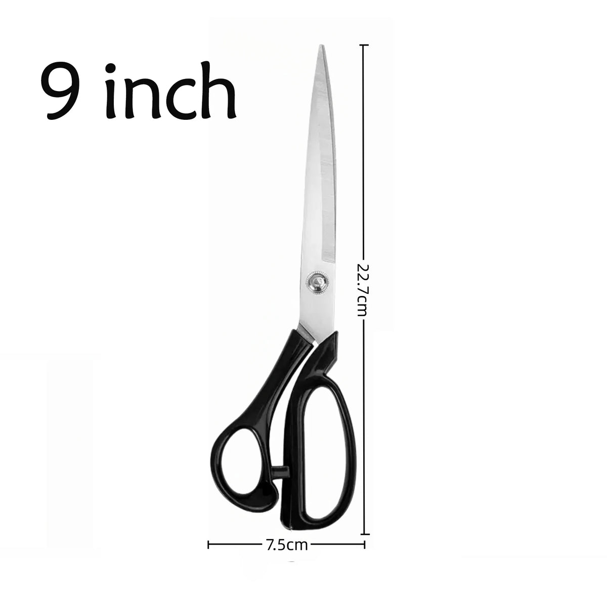A pair of professional heavy duty fabric scissors with a 9 inch blade and 7.5 cm length.