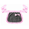 Pink ruffle apron with pockets featuring a black polka dot pattern and a pink bow