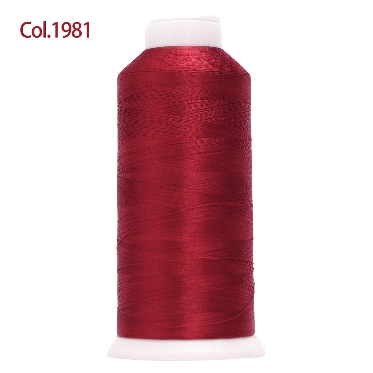A spool of deep red embroidery thread labeled Col.1981