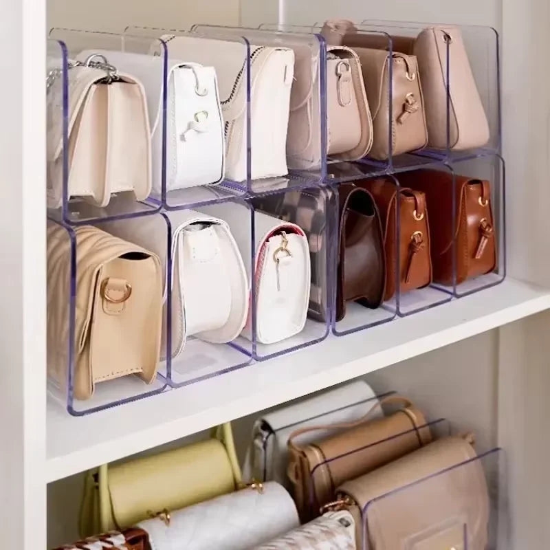 A clear plastic storage organizer holding various tan and brown leather handbags.