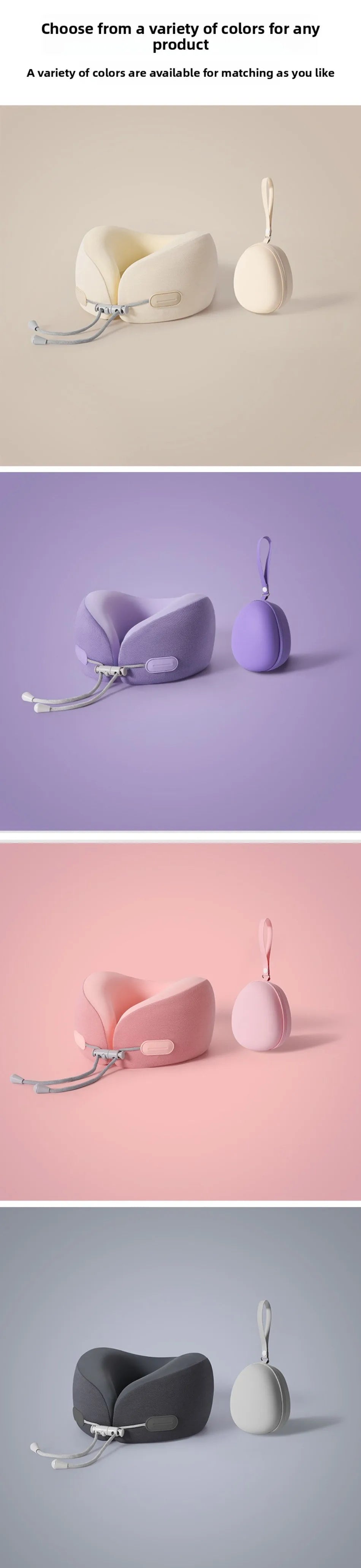 A variety of U-shaped memory foam travel neck pillows in different colors, including beige, purple, pink, and gray.