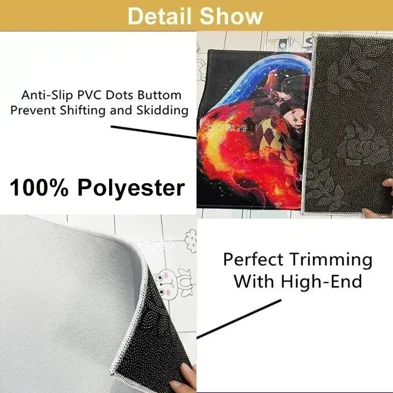 Detail show of a black rug featuring anti-slip dots and 100% polyester material.
