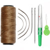 A set of five multi-color sewing threads and a needle are displayed next to a large spool of brown thread.