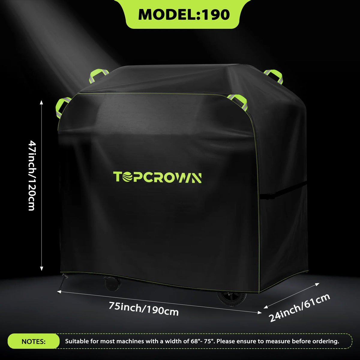 Black heavy-duty BBQ grill cover model 190 with reflective protection and dimensions shown.