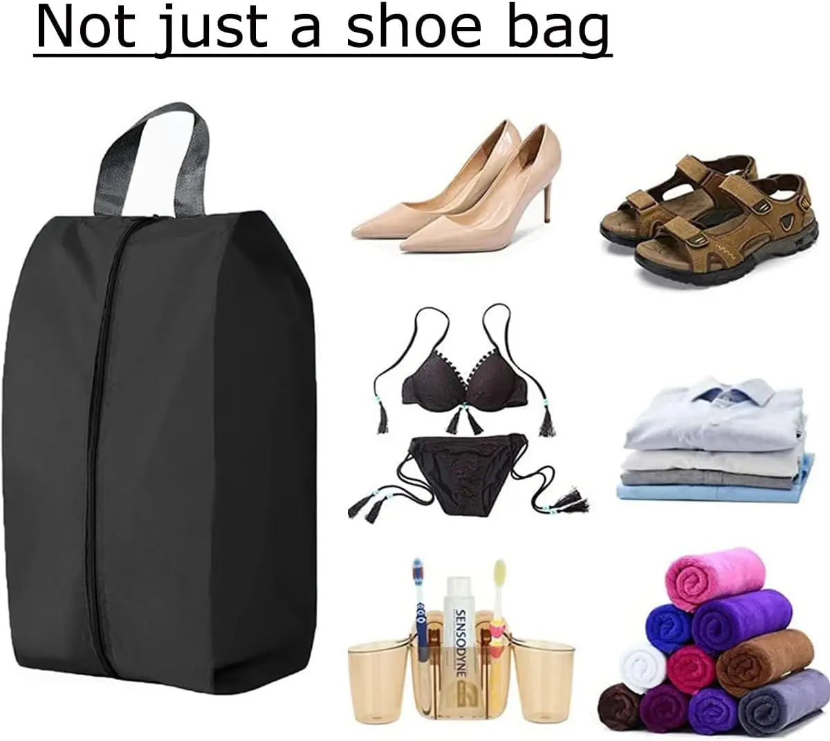 A black foldable organizer bag containing shoes, accessories, and clothing items.
