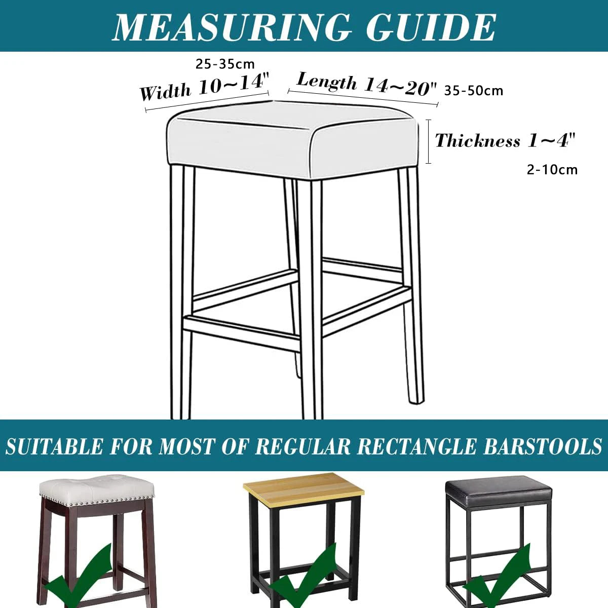 Measuring guide for barstools showing dimensions for width, length, and thickness