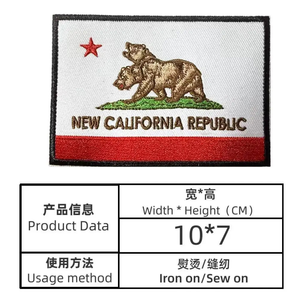 Embroidered iron-on tactical patch featuring a bear design and text for the New California Republic