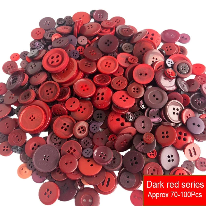 A pile of assorted dark red resin sewing buttons for crafting and DIY projects