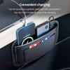 A black universal car organizer storage bag holding a smartphone and various cards for convenient charging.