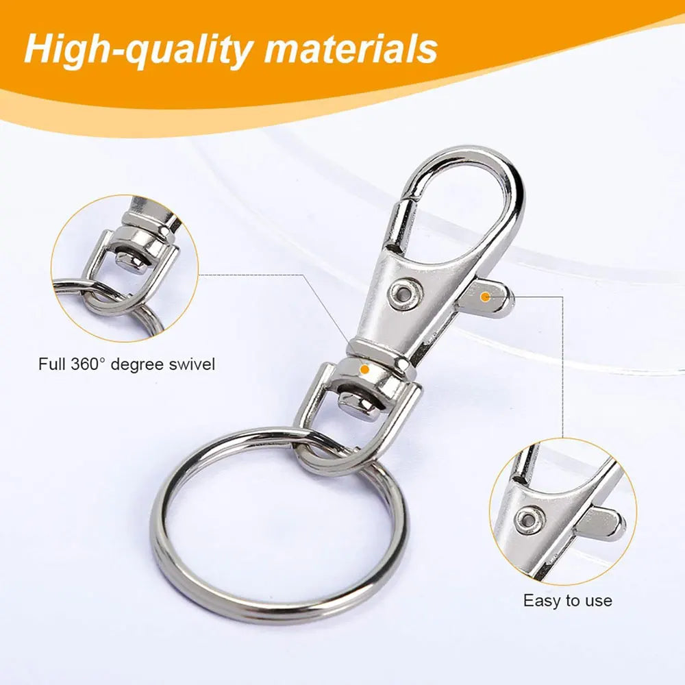 A silver metal snap hook and key ring with a full 360-degree swivel, shown in various angles.