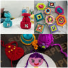 A collection of colorful crochet items including a blue elephant, red pom-pom, and various geometric fabric pieces.