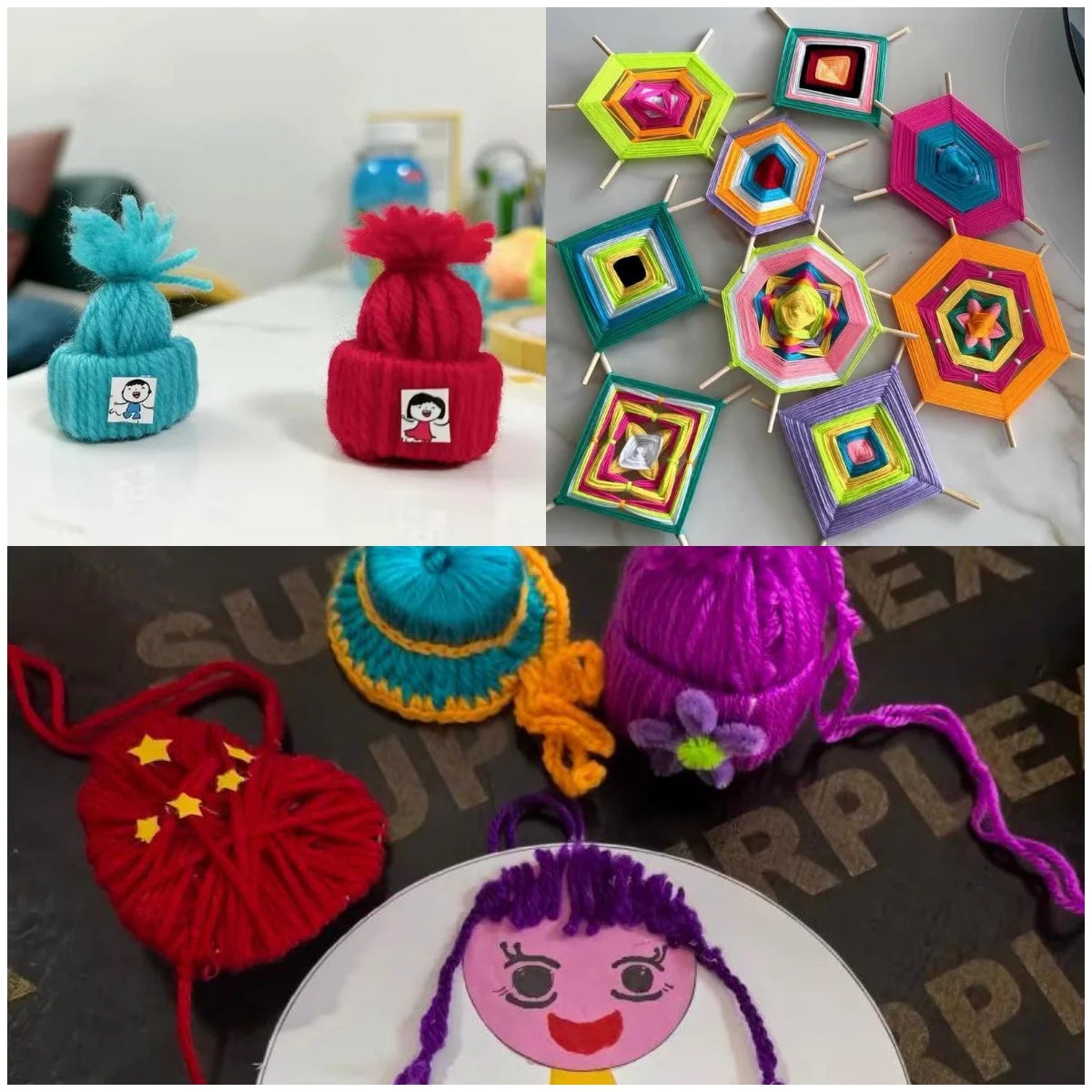 A collection of colorful crochet items including a blue elephant, red pom-pom, and various geometric fabric pieces.
