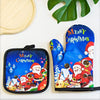 Blue festive Christmas insulated oven mitts featuring Santa and snowman designs
