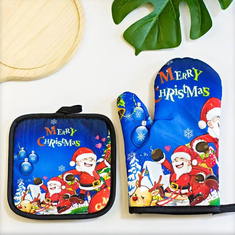 Blue festive Christmas insulated oven mitts featuring Santa and snowman designs