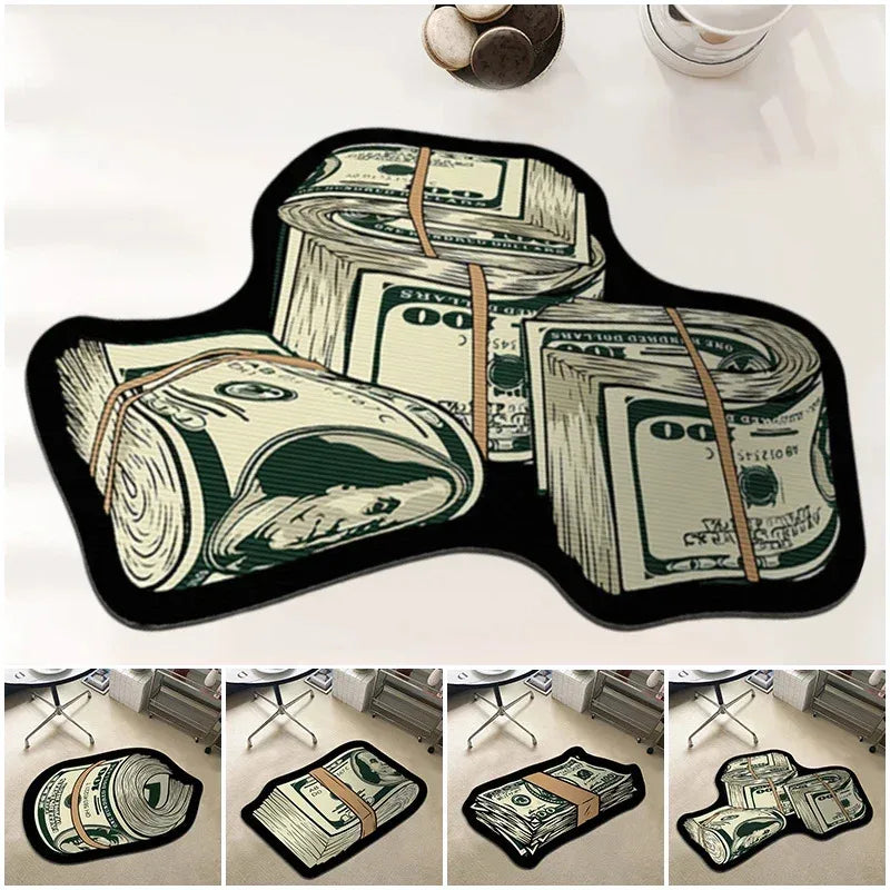 A set of decorative anti-slip floor rugs featuring rolled US dollar bills in various colors and designs.