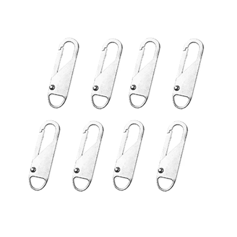 A set of six silver zipper pullers or slider components arranged in two rows.