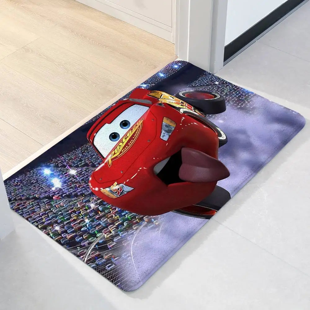 A red cartoon character door mat featuring a cityscape background for home and car use.