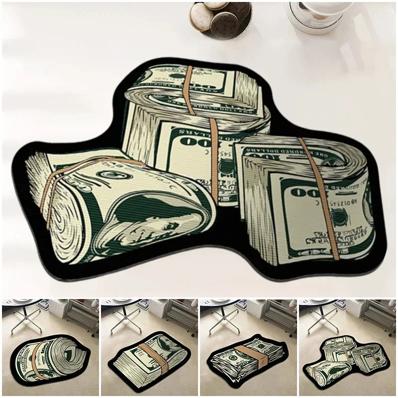 A black non-slip area rug featuring printed images of rolled dollar bills.