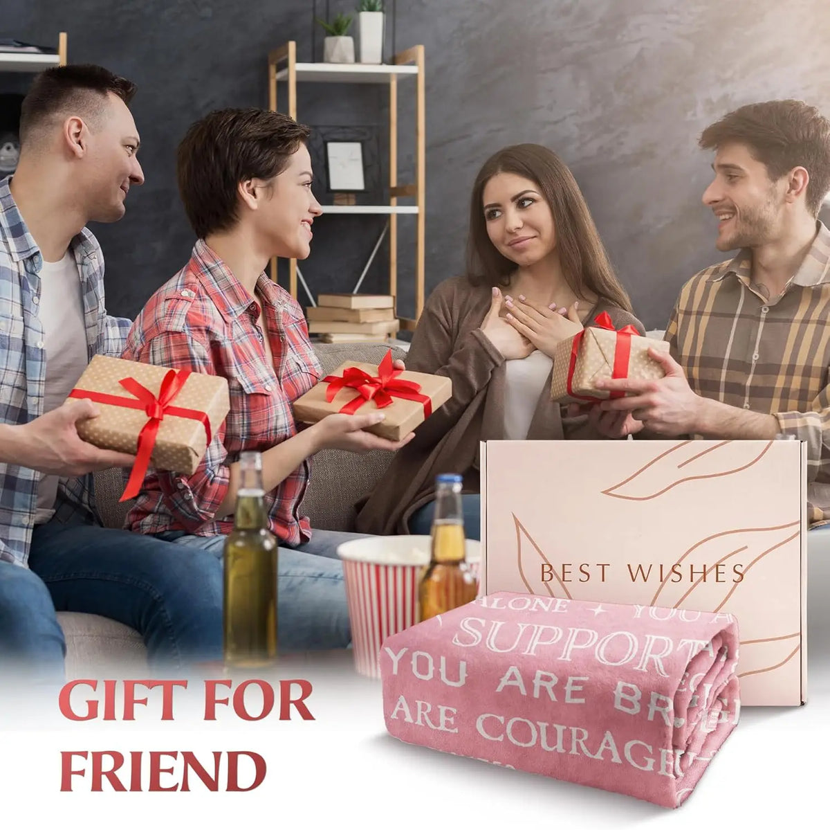 A pink plush throw blanket with embroidered text is shown next to a group of friends.