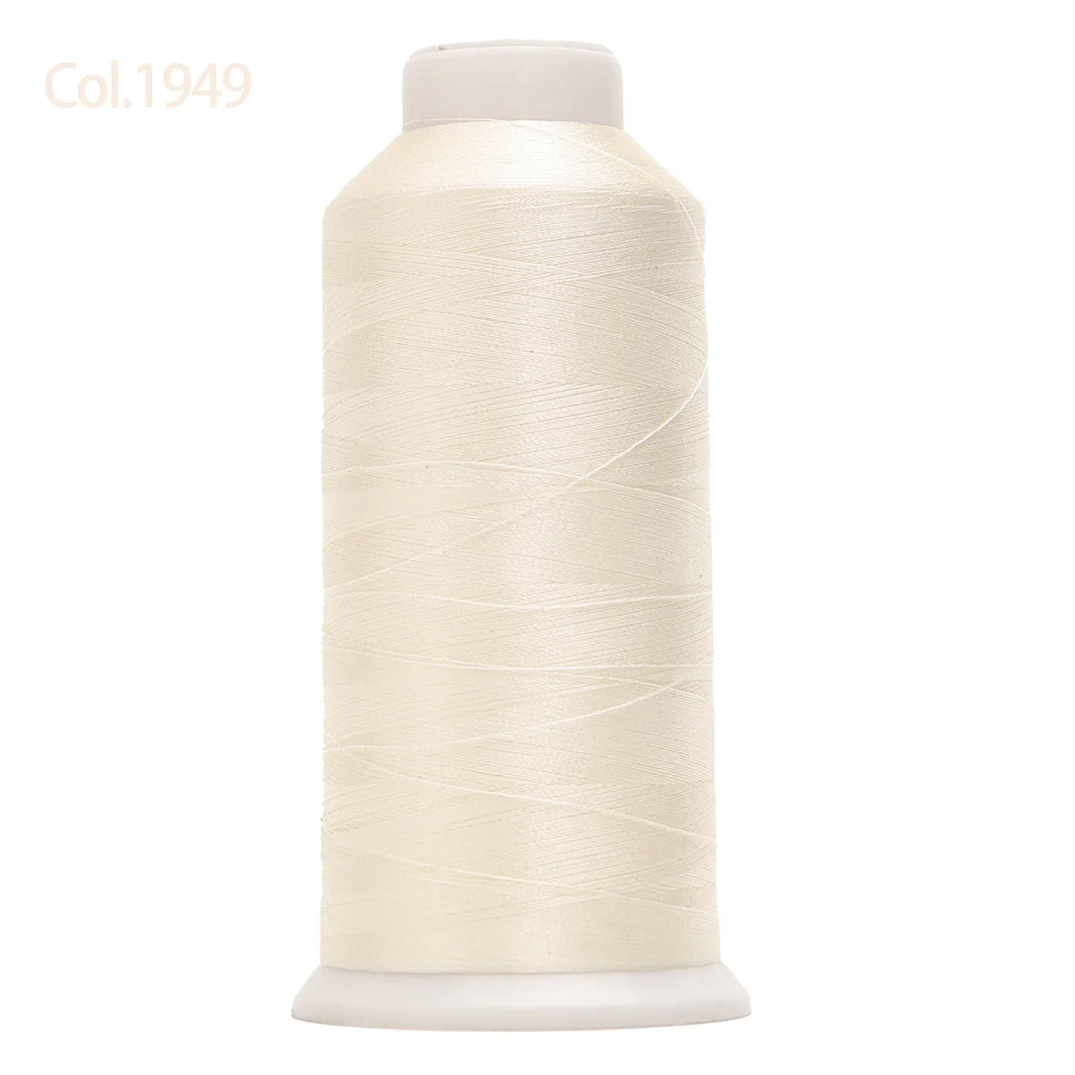 A spool of white high tenacity machine embroidery thread labeled Col.1949.