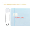 A white plastic diaper pin is shown next to a rectangular stainless steel diaper pin, with size measurements provided.