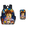 A dark blue backpack featuring various Roblox characters and a matching pen case.