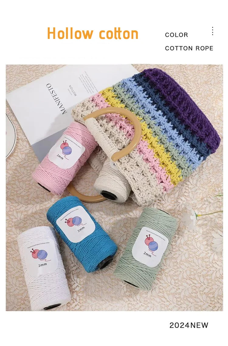 A collection of colorful hollow cotton rope yarn in various shades and textures displayed on a light background.