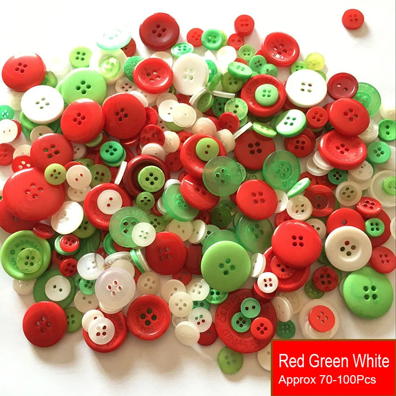 A pile of assorted red, green, and white resin sewing buttons for crafting projects.
