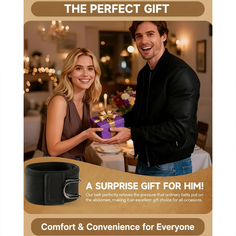 A man and woman smiling while a black elastic belt is shown as a gift for him