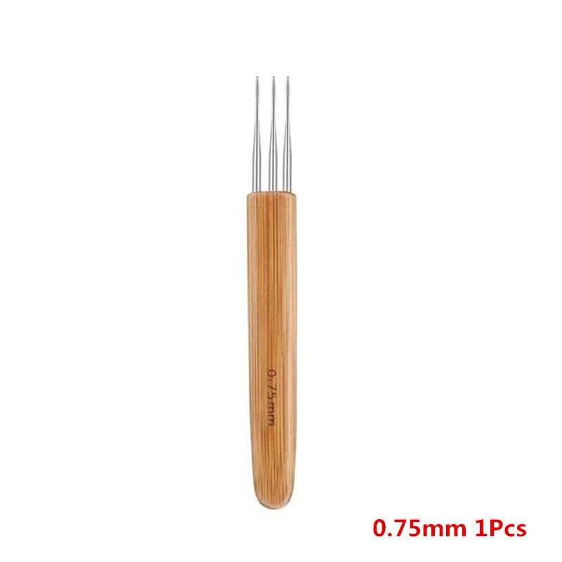 A set of 10 precision crochet hooks for hair dreadlocks made of light wood.