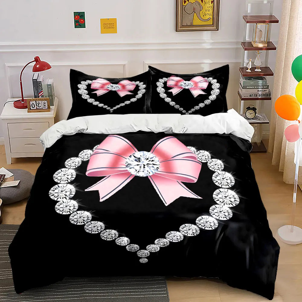 Black bedding set featuring a diamond heart print with pink bows and silver accents.
