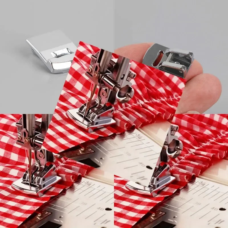 A pair of heavy-duty rolled hem foot for sewing machines displayed on a red and white checkered cloth.