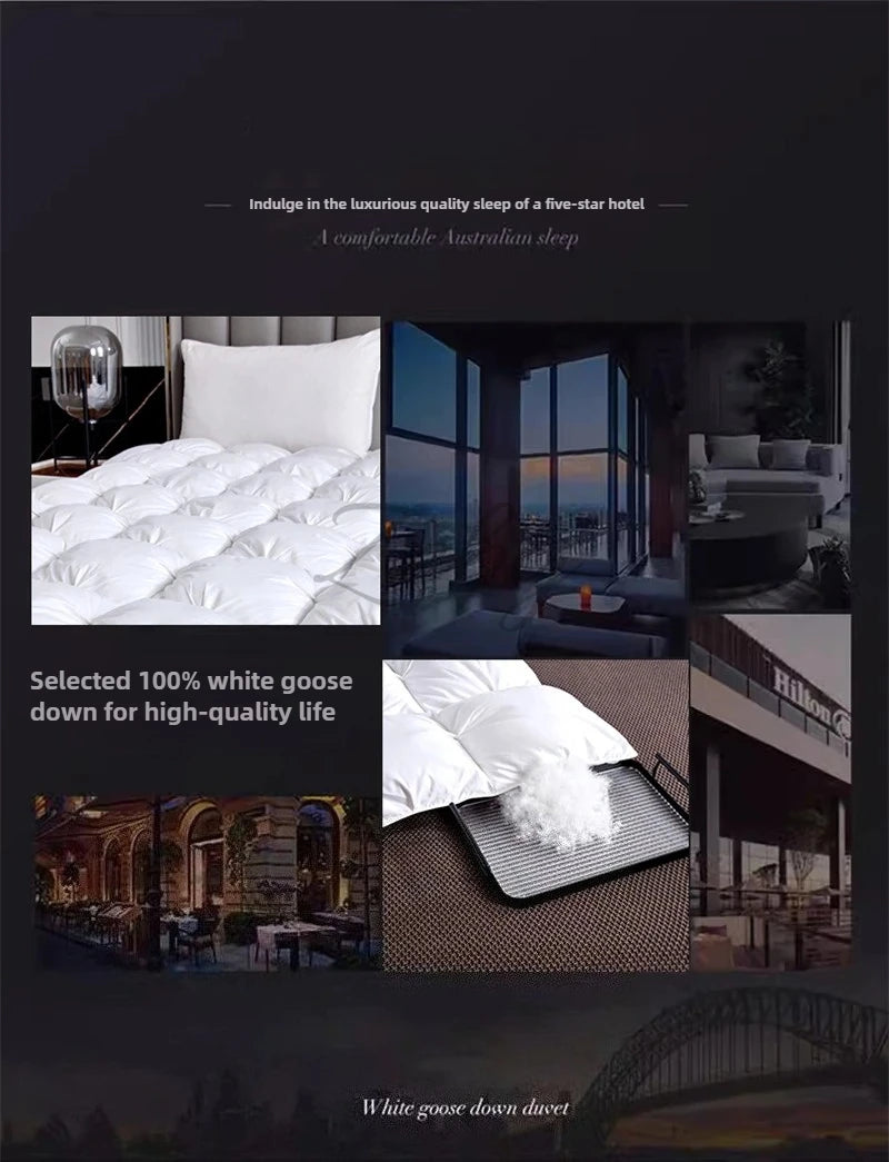 A white goose down duvet shown in various contexts, including a bed and a heating pad.