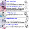 A set of multi-use presser feet including Satin Stitch, Open Toe Embroidery, Quilting, Straight Stitch, and Invisible Zipper 