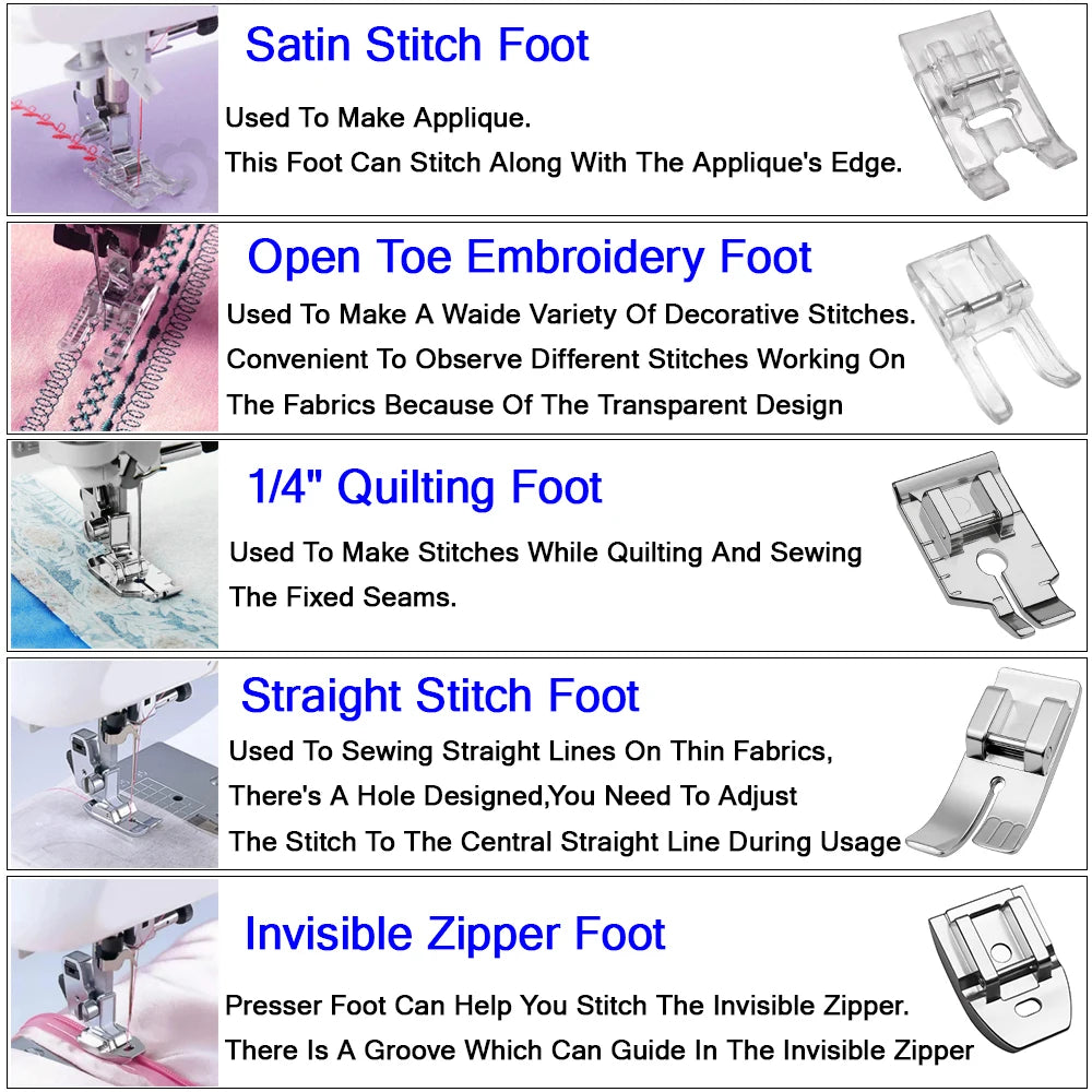A set of multi-use presser feet including Satin Stitch, Open Toe Embroidery, Quilting, Straight Stitch, and Invisible Zipper 