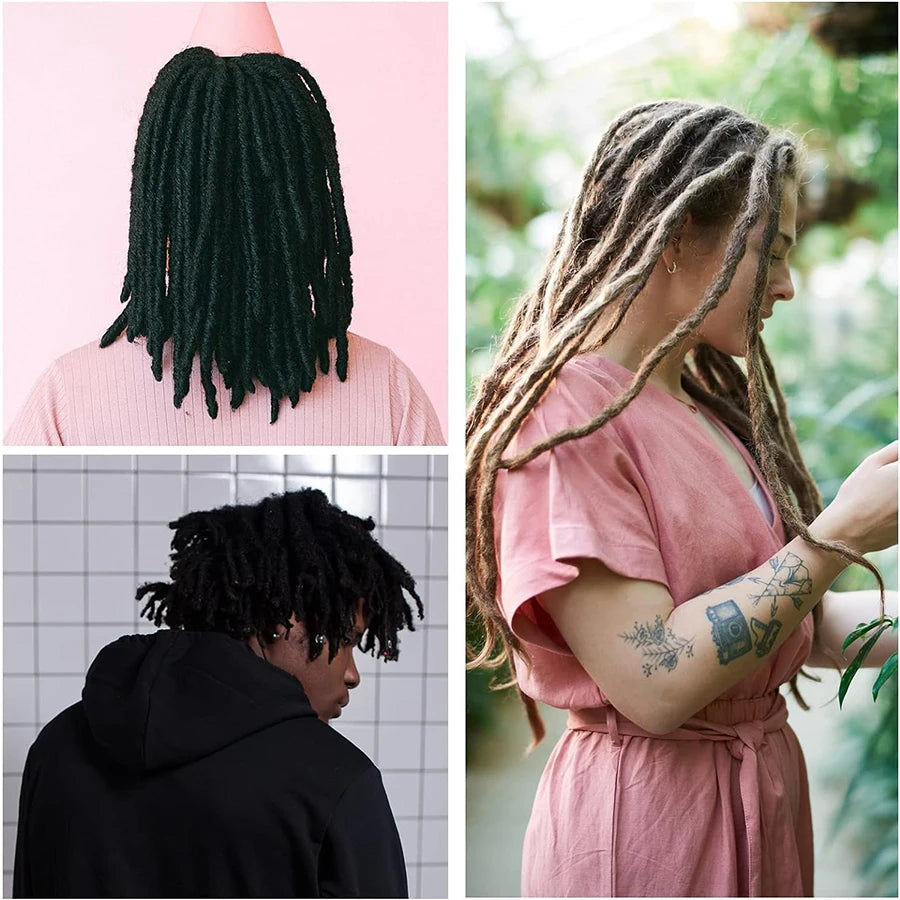 A woman with dreadlocks is shown in a close-up, alongside crochet hooks and wood accessories.
