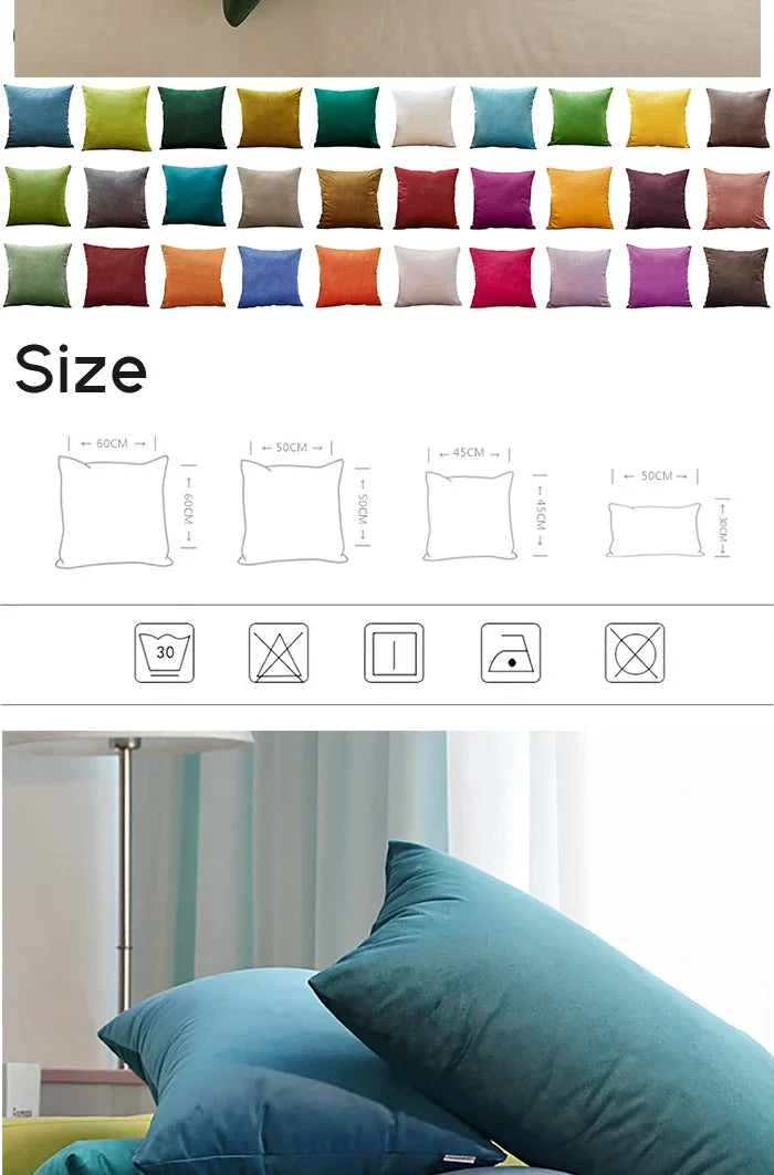 A collection of velvet throw pillow covers in various colors and sizes, including a large teal pillow.