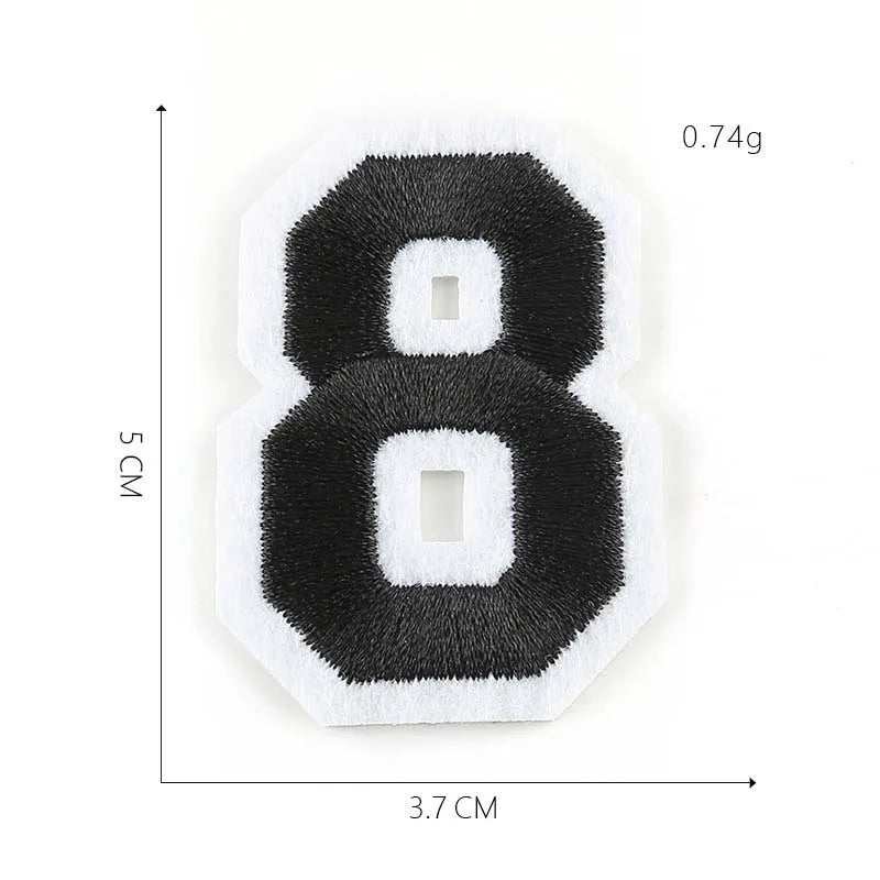 A black embroidered number 8 patch with white felt backing and a white border.