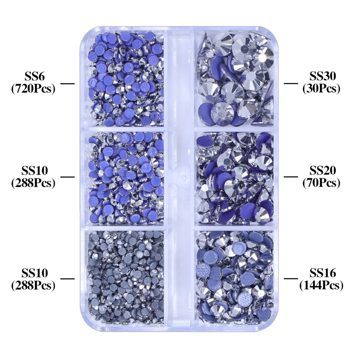 A clear plastic container holding various sizes and colors of glass rhinestones, including SS6, SS10, and SS20.