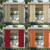 Four images showing waterproof outdoor curtains in beige, white, red, and orange hanging in a wooden pergola setting.