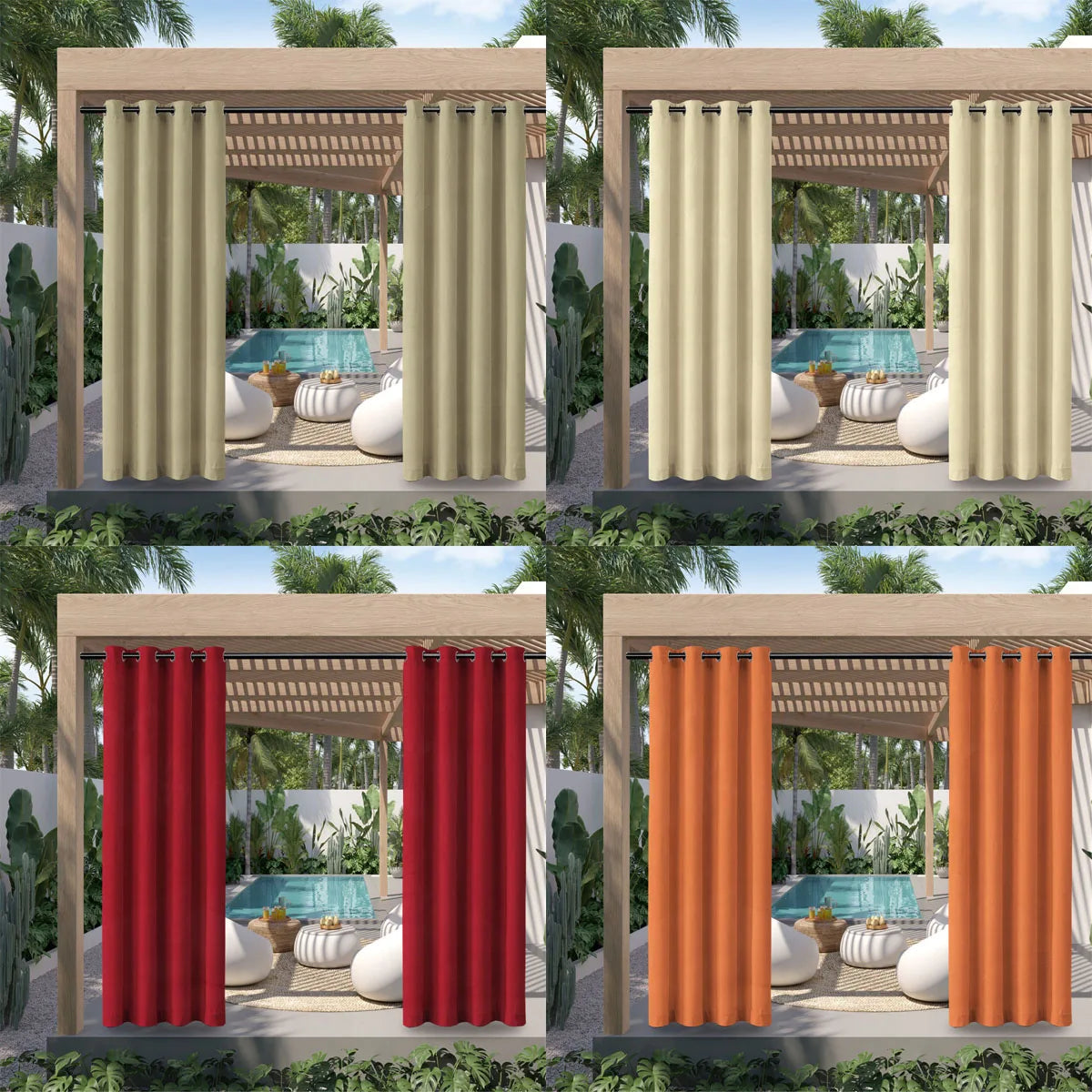 Four images showing waterproof outdoor curtains in beige, white, red, and orange hanging in a wooden pergola setting.