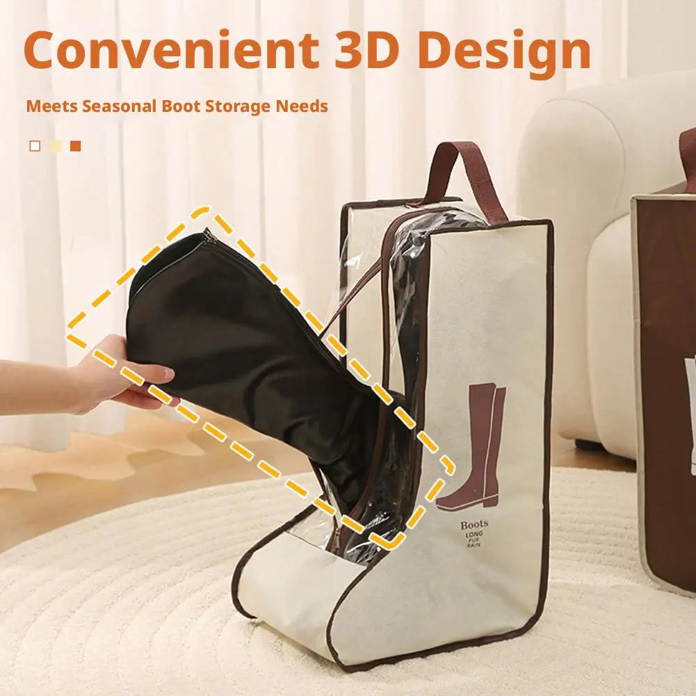 A black boot is stored inside a beige fabric bag with a clear window and carry handle.