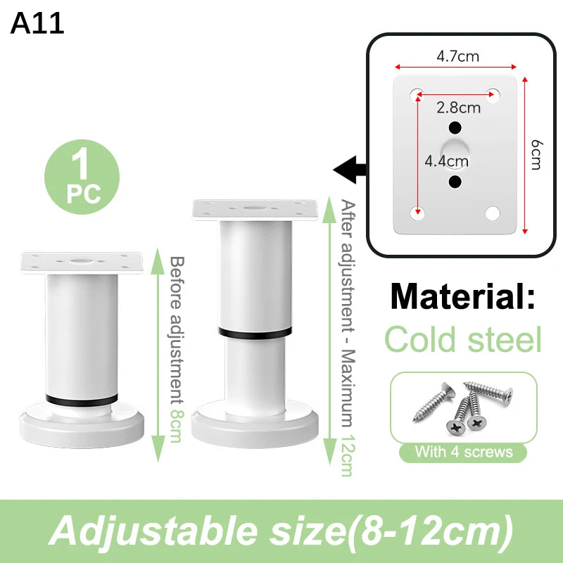 A set of cold steel adjustable furniture support legs with a 12cm height and 4 screws.