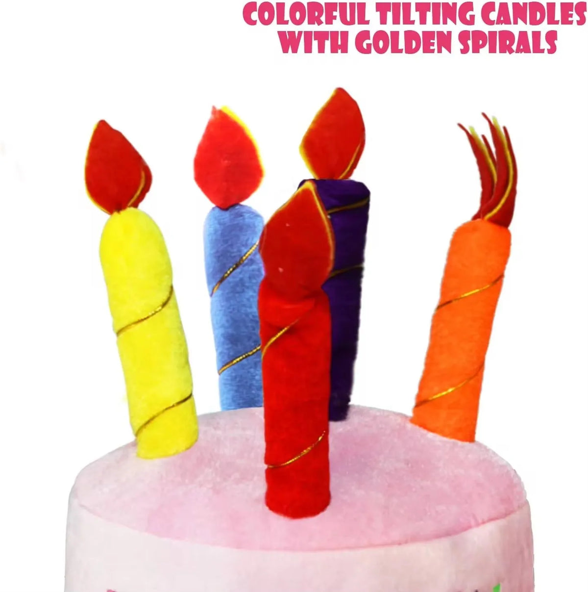 Colorful tilting candles with golden spirals on a pink surface for party decor