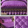 Purple velvet bed skirt with gold trim and diamond quilting for elegant winter decor