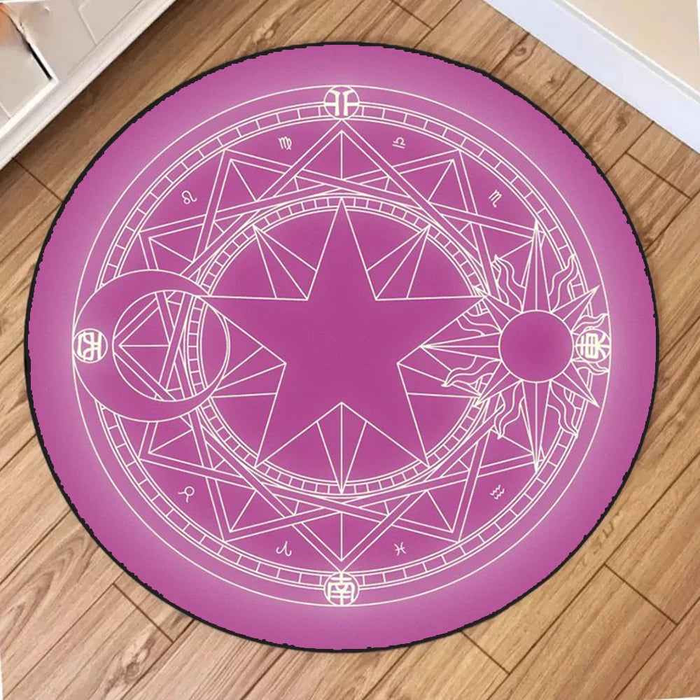A round magenta area rug featuring a white pentagram and astrological symbols.