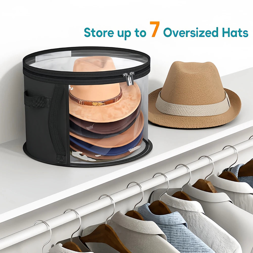 A clear storage container holds seven oversized hats, demonstrating multi-purpose fabric hat organization.