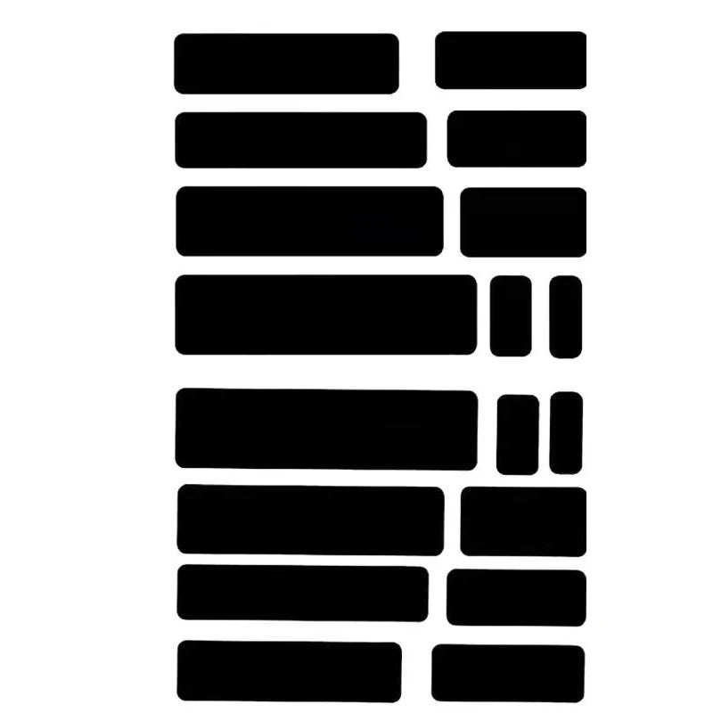 A collection of black self-adhesive fabric repair patches for outerwear.